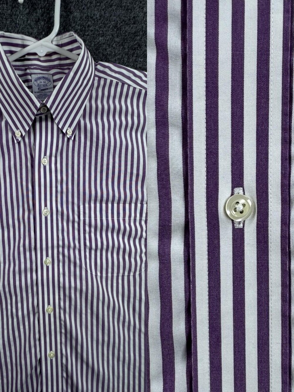 Brooks Brothers Button-Down Mens 16 32 Purple White Non-Iron Classic Striped
